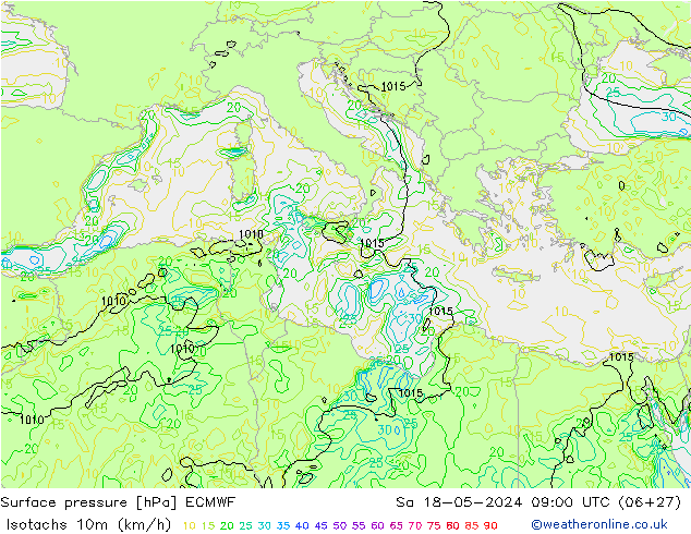 Isotachs (kph) ECMWF So 18.05.2024 09 UTC