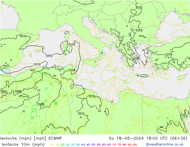Isotachen (mph) ECMWF Sa 18.05.2024 18 UTC