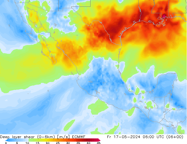 Deep layer shear (0-6km) ECMWF vie 17.05.2024 06 UTC