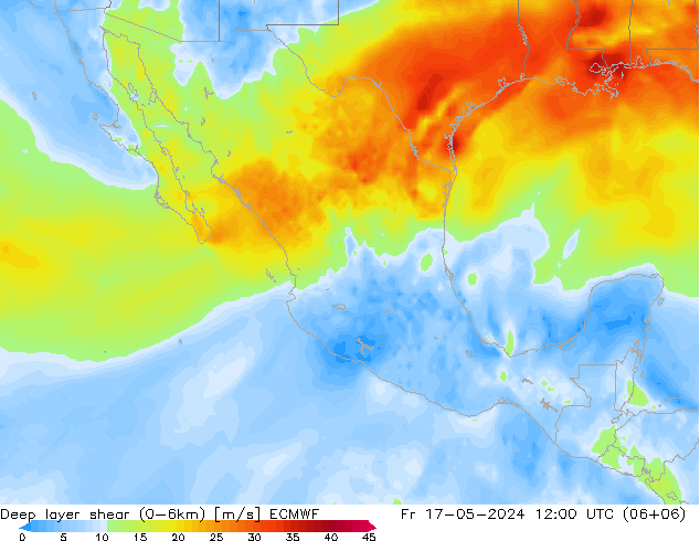 Deep layer shear (0-6km) ECMWF vie 17.05.2024 12 UTC