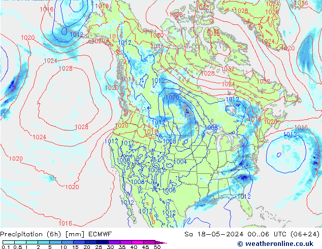 Precipitation (6h) ECMWF Sa 18.05.2024 06 UTC