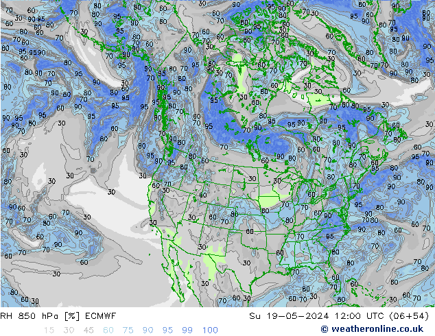 Humedad rel. 850hPa ECMWF dom 19.05.2024 12 UTC