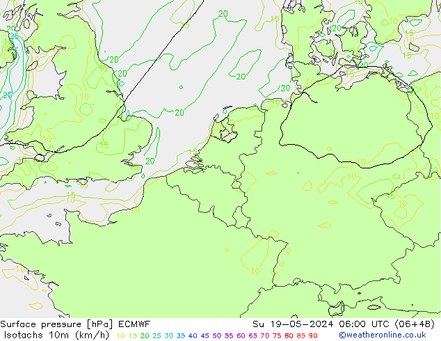 Isotachen (km/h) ECMWF So 19.05.2024 06 UTC