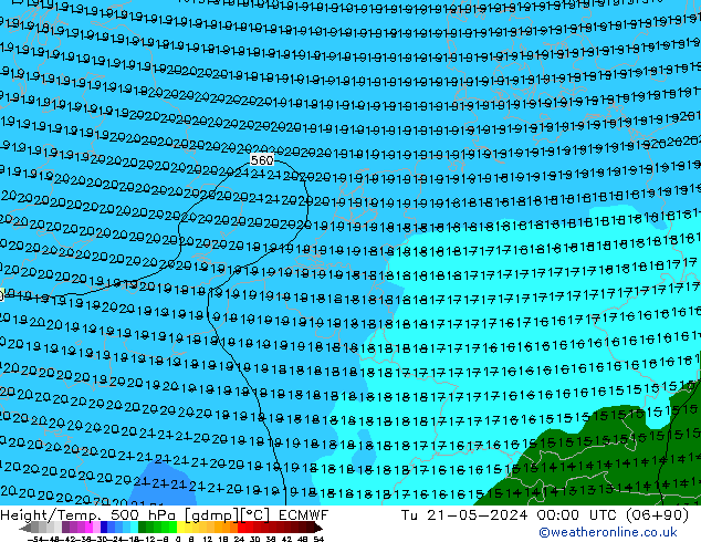Z500/Yağmur (+YB)/Z850 ECMWF Sa 21.05.2024 00 UTC