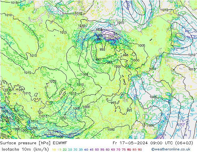 Isotachen (km/h) ECMWF vr 17.05.2024 09 UTC