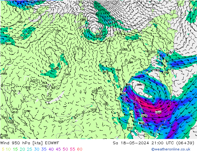 ветер 950 гПа ECMWF сб 18.05.2024 21 UTC