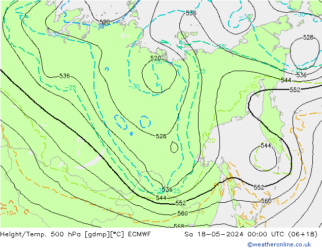 Z500/Rain (+SLP)/Z850 ECMWF сб 18.05.2024 00 UTC