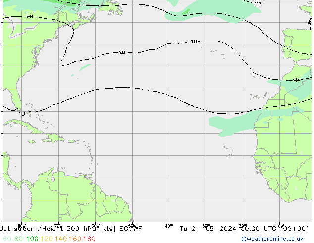 Jet stream/Height 300 hPa ECMWF Tu 21.05.2024 00 UTC