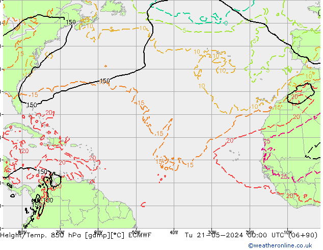 Height/Temp. 850 гПа ECMWF вт 21.05.2024 00 UTC