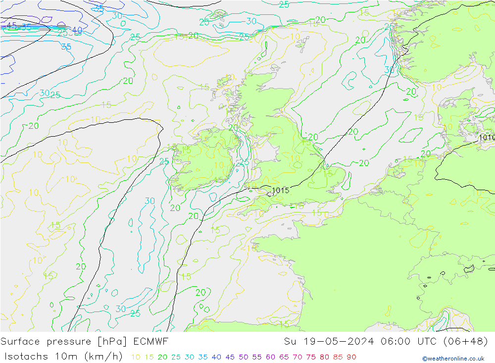 Isotachs (kph) ECMWF dom 19.05.2024 06 UTC