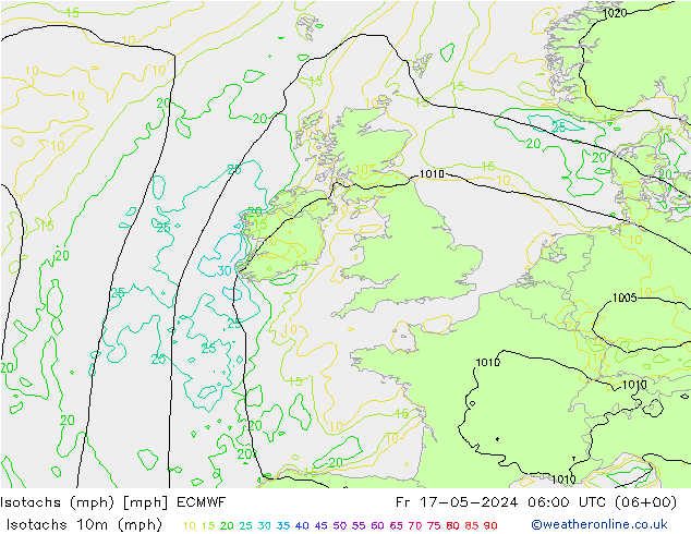 Isotachs (mph) ECMWF ven 17.05.2024 06 UTC