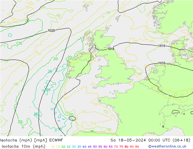 Isotachen (mph) ECMWF za 18.05.2024 00 UTC