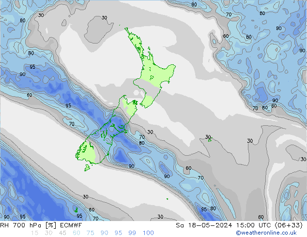 Humidité rel. 700 hPa ECMWF sam 18.05.2024 15 UTC