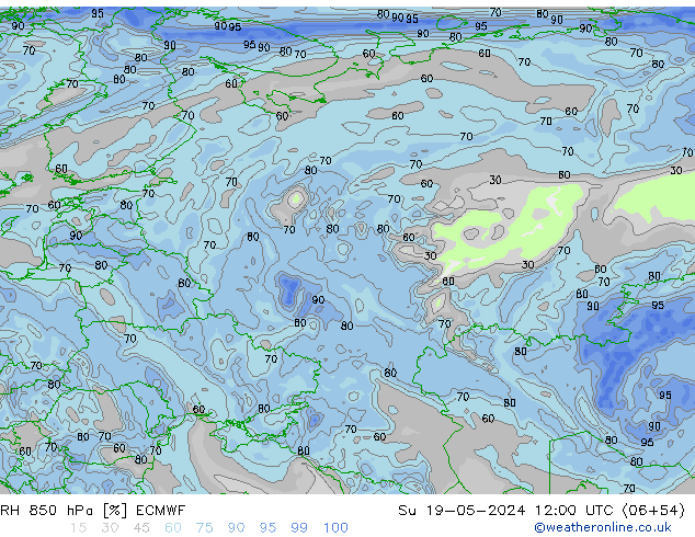 RH 850 hPa ECMWF Ne 19.05.2024 12 UTC