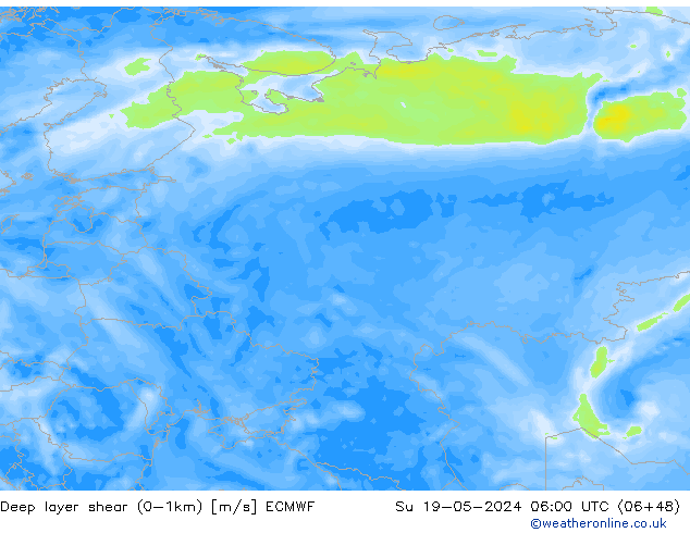 Deep layer shear (0-1km) ECMWF Su 19.05.2024 06 UTC