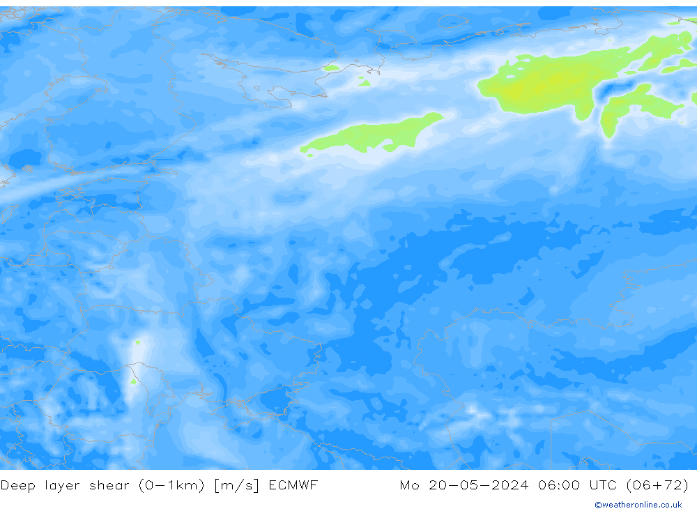 Deep layer shear (0-1km) ECMWF Mo 20.05.2024 06 UTC
