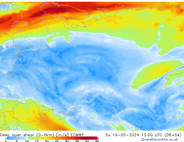 Deep layer shear (0-6km) ECMWF Paz 19.05.2024 12 UTC