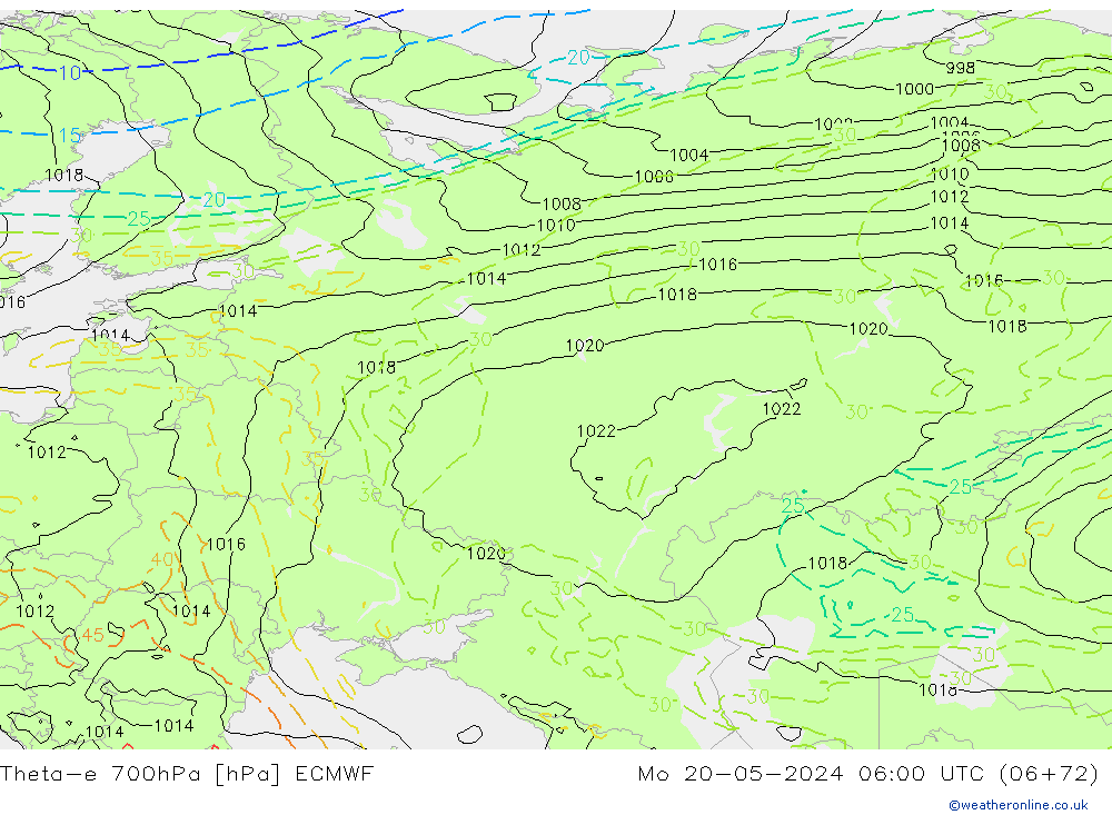 Theta-e 700hPa ECMWF ma 20.05.2024 06 UTC