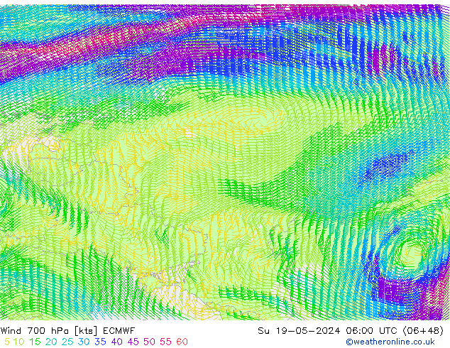 Wind 700 hPa ECMWF Su 19.05.2024 06 UTC