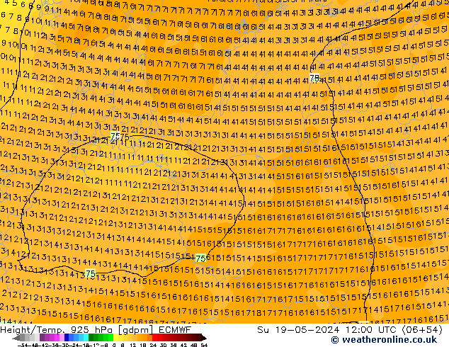 Height/Temp. 925 hPa ECMWF Su 19.05.2024 12 UTC