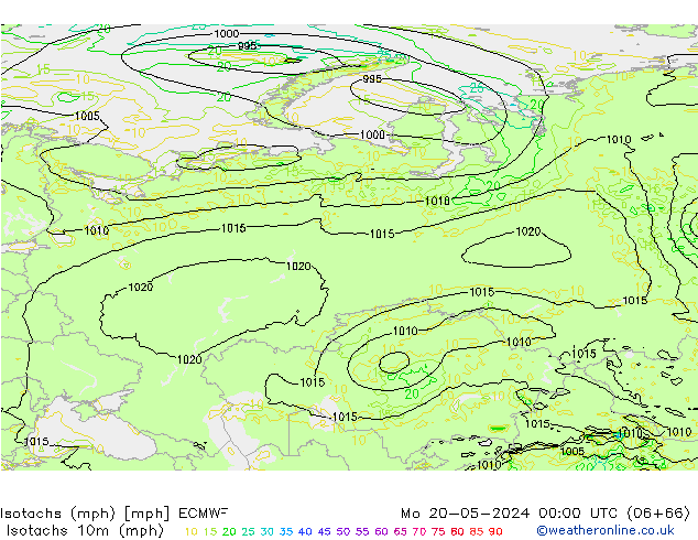 Isotachs (mph) ECMWF lun 20.05.2024 00 UTC