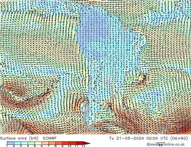 Surface wind (bft) ECMWF Tu 21.05.2024 00 UTC