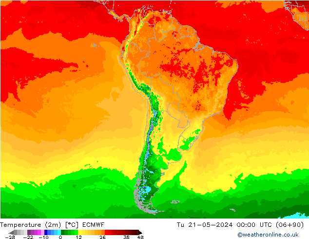 Temperature (2m) ECMWF Tu 21.05.2024 00 UTC