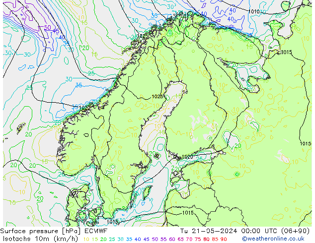 Isotachen (km/h) ECMWF di 21.05.2024 00 UTC