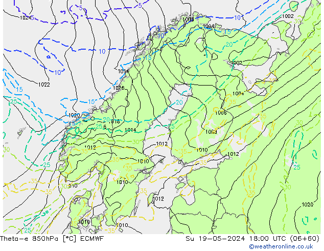 Theta-e 850hPa ECMWF So 19.05.2024 18 UTC