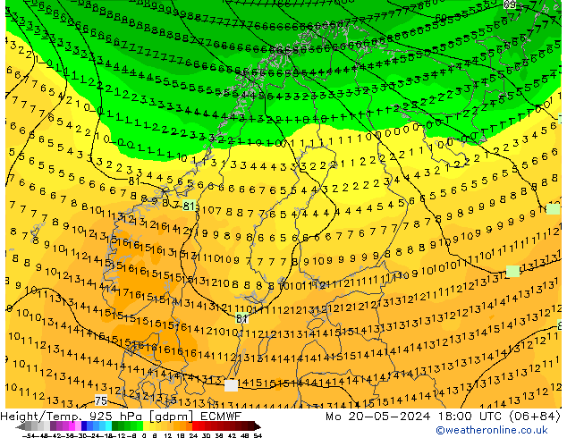 Height/Temp. 925 hPa ECMWF pon. 20.05.2024 18 UTC