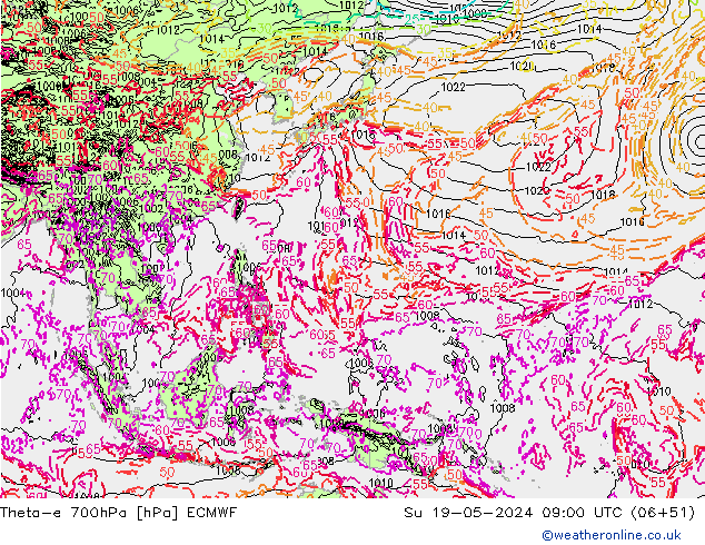 Theta-e 700hPa ECMWF Su 19.05.2024 09 UTC