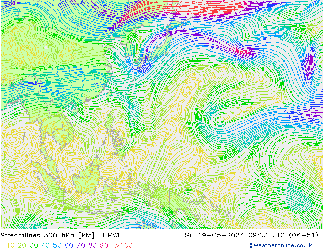 Streamlines 300 hPa ECMWF Su 19.05.2024 09 UTC