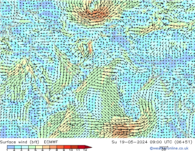 Wind 10 m (bft) ECMWF zo 19.05.2024 09 UTC