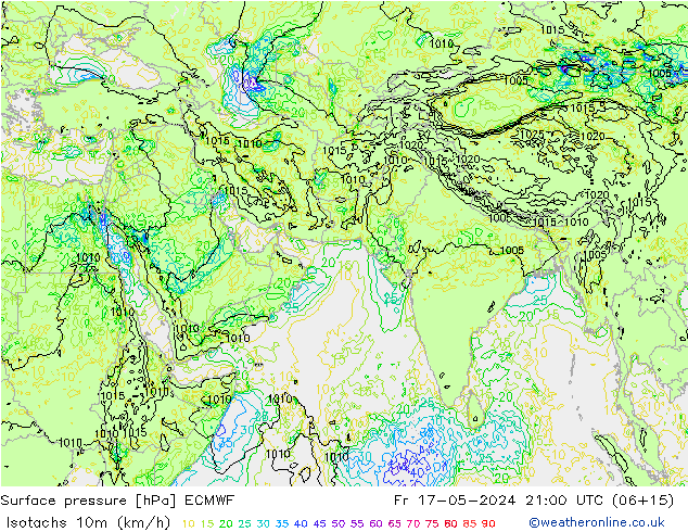 Isotachs (kph) ECMWF Fr 17.05.2024 21 UTC