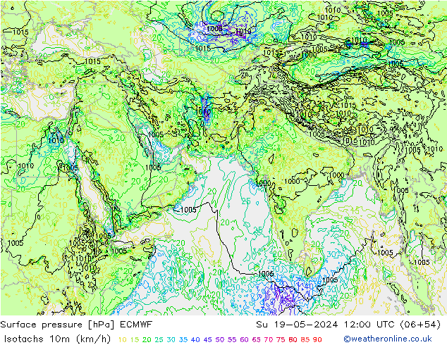 Isotachs (kph) ECMWF Su 19.05.2024 12 UTC