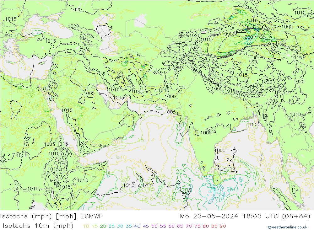 Isotachs (mph) ECMWF пн 20.05.2024 18 UTC
