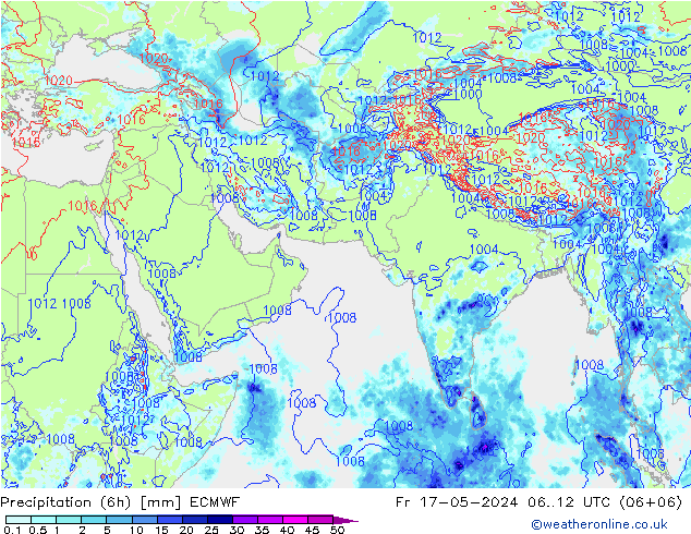 Neerslag 6h/Wind 10m/950 ECMWF vr 17.05.2024 12 UTC