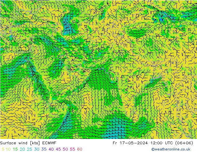 Neerslag 6h/Wind 10m/950 ECMWF vr 17.05.2024 12 UTC