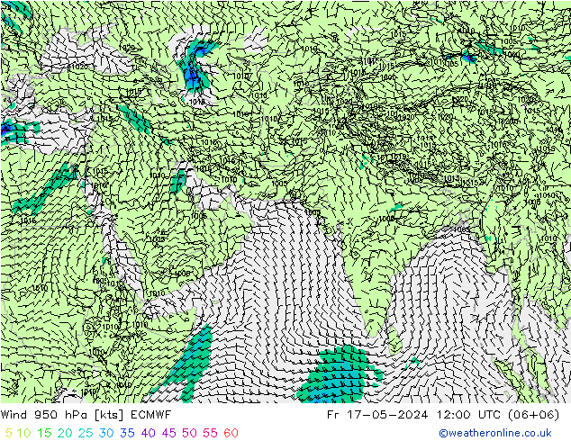 Neerslag 6h/Wind 10m/950 ECMWF vr 17.05.2024 12 UTC