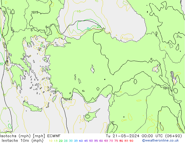 Isotachen (mph) ECMWF Di 21.05.2024 00 UTC
