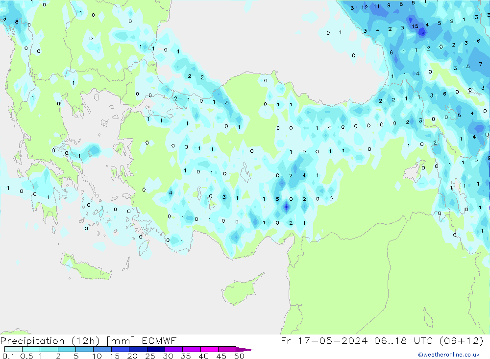 Precipitation (12h) ECMWF Pá 17.05.2024 18 UTC