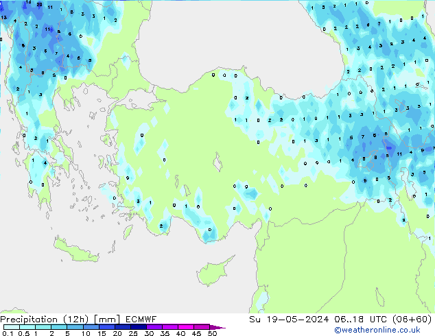 Precipitation (12h) ECMWF Su 19.05.2024 18 UTC
