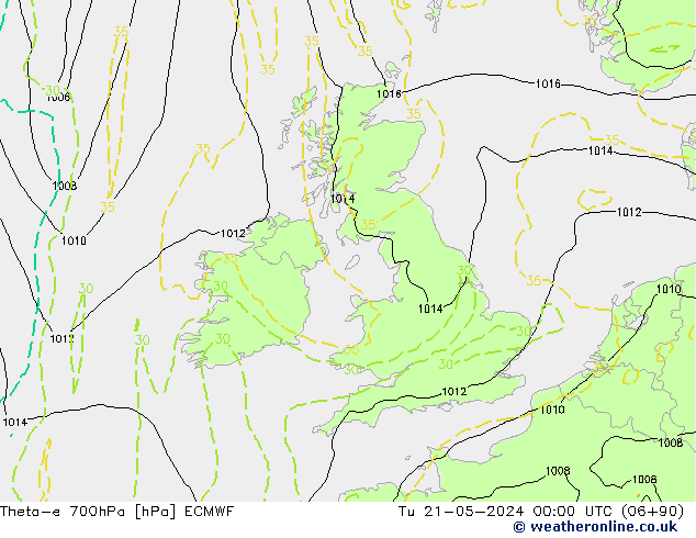 Theta-e 700hPa ECMWF Sa 21.05.2024 00 UTC