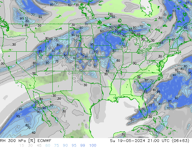 RH 300 hPa ECMWF Dom 19.05.2024 21 UTC