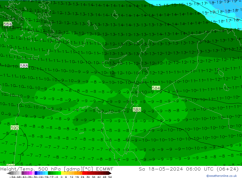 Hoogte/Temp. 500 hPa ECMWF za 18.05.2024 06 UTC