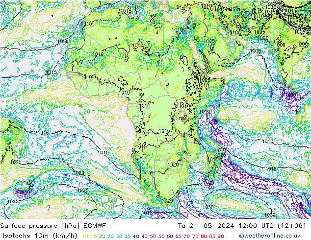 Isotachs (kph) ECMWF Tu 21.05.2024 12 UTC