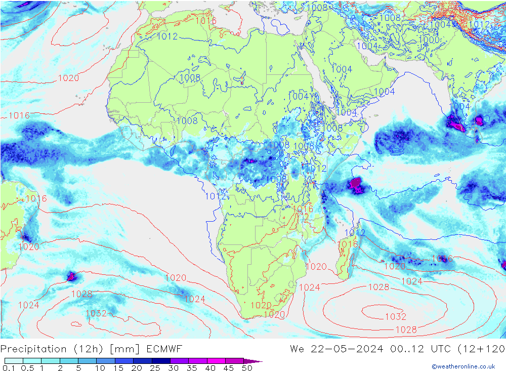 Precipitation (12h) ECMWF St 22.05.2024 12 UTC