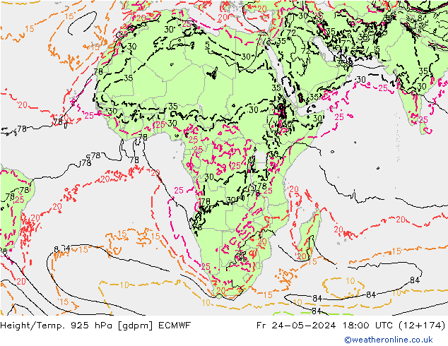 Yükseklik/Sıc. 925 hPa ECMWF Cu 24.05.2024 18 UTC