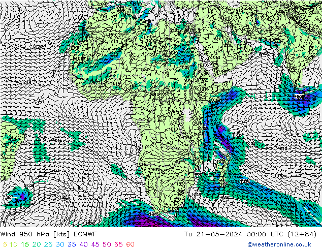 Wind 950 hPa ECMWF Út 21.05.2024 00 UTC