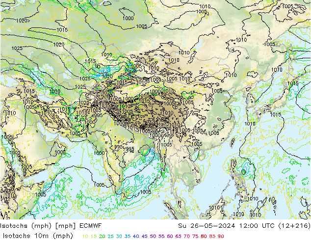 Isotachs (mph) ECMWF dim 26.05.2024 12 UTC